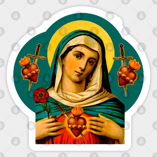 The burning and painful heart of the Virgin Mary of Sorrows Sticker by Marccelus